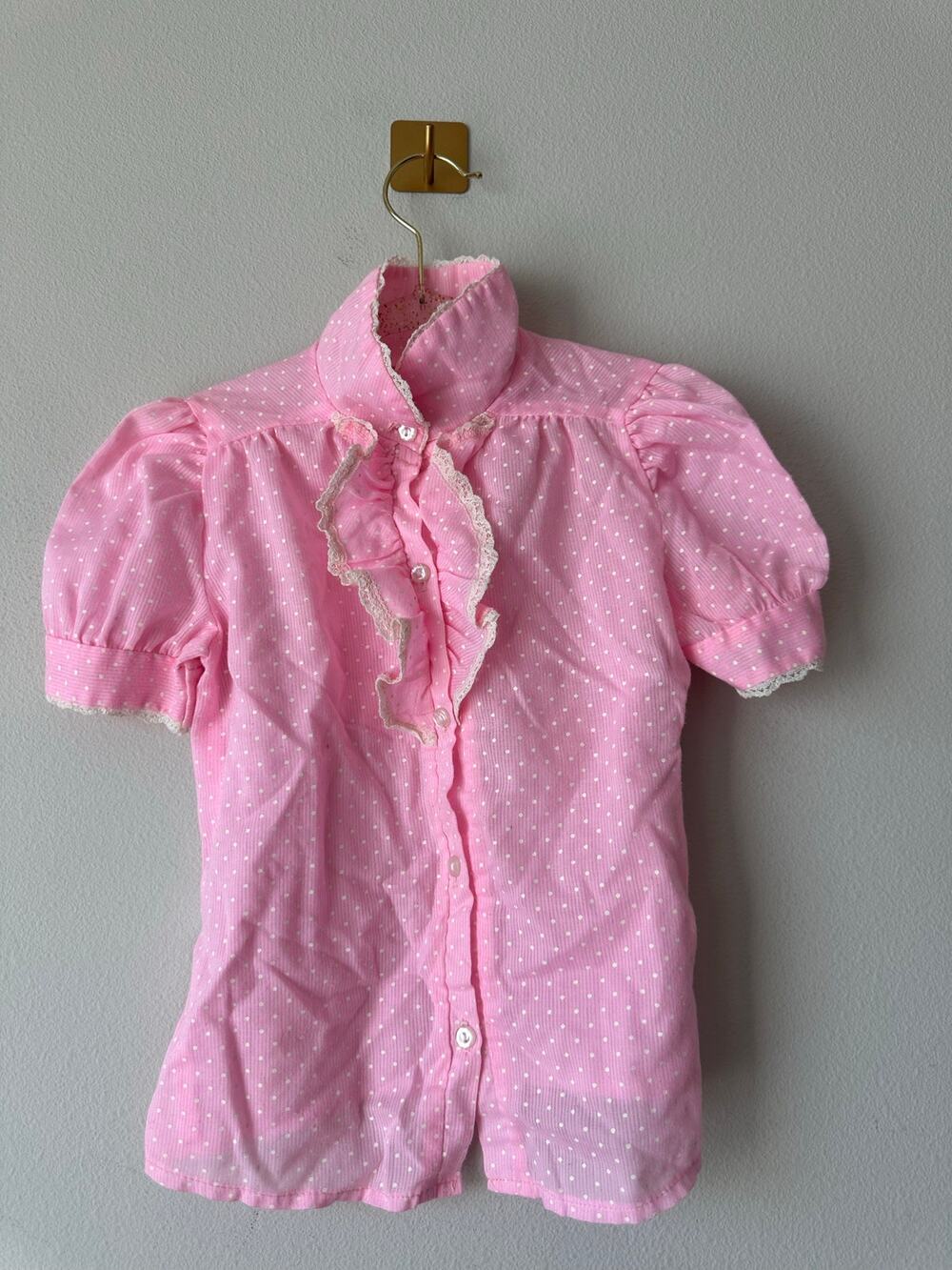 Vintage 70s Girls Pink Polka Dot Prairie Blouse Ruffle Lace Puff Sleeve Top 4T